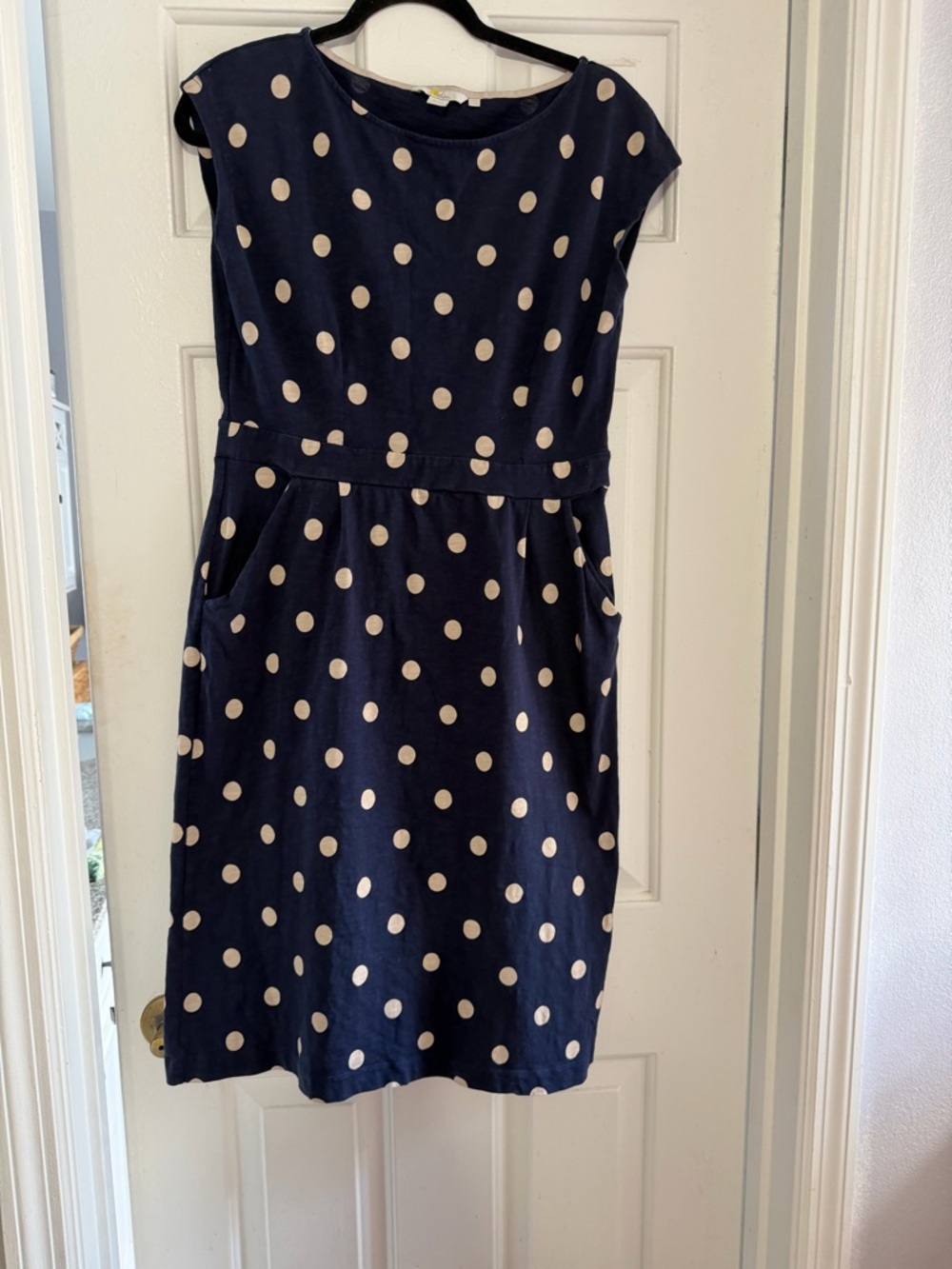 Boden Navy Dress with Cream Polka Dots